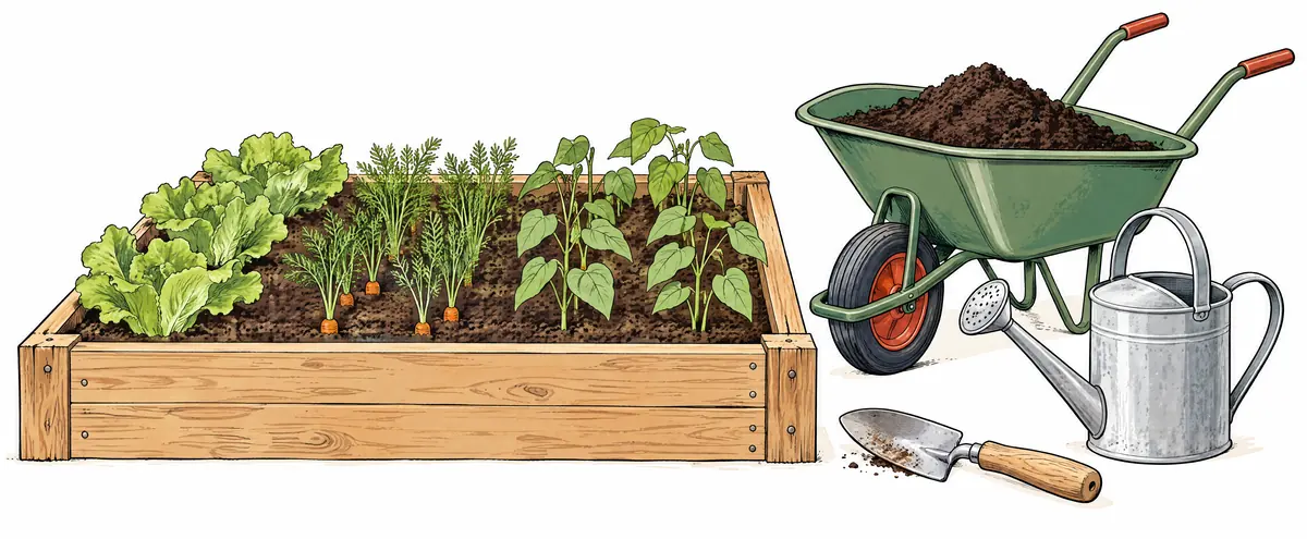 A raised garden bed with lettuce, carrots and beans, beside a wheelbarrow of soil, a watering can and a trowel.
